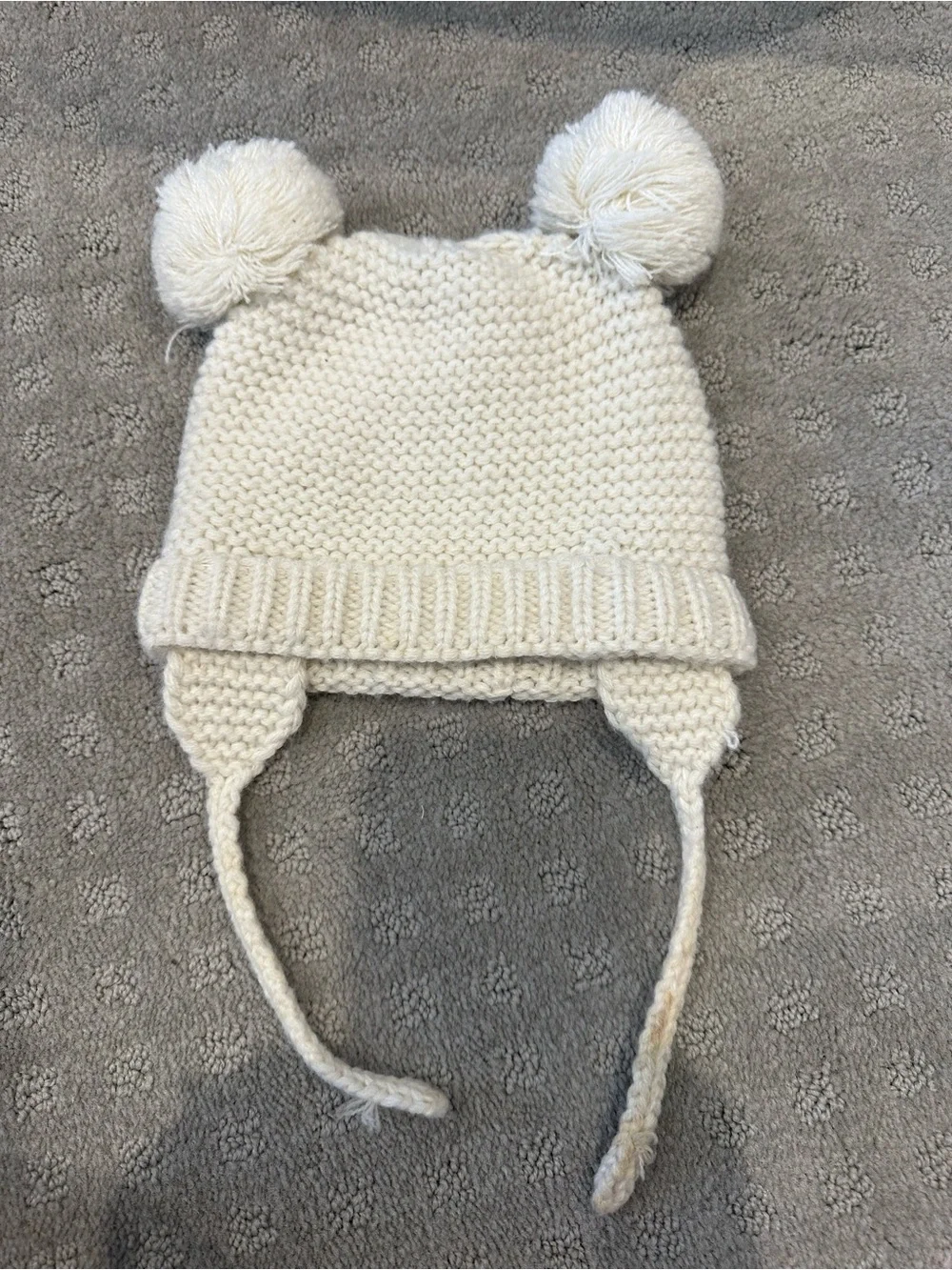 Baby Knit Winter Hat White Double Pom Pom Earflap Beanie 0-6 Months Infant